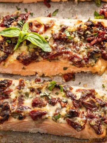 Mediterranean salmon on a sheet pan.