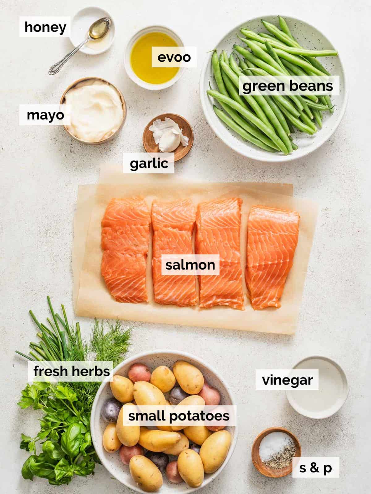 Salmon, green beans, and potatoes with the green goddess sauce ingredients on a white background.