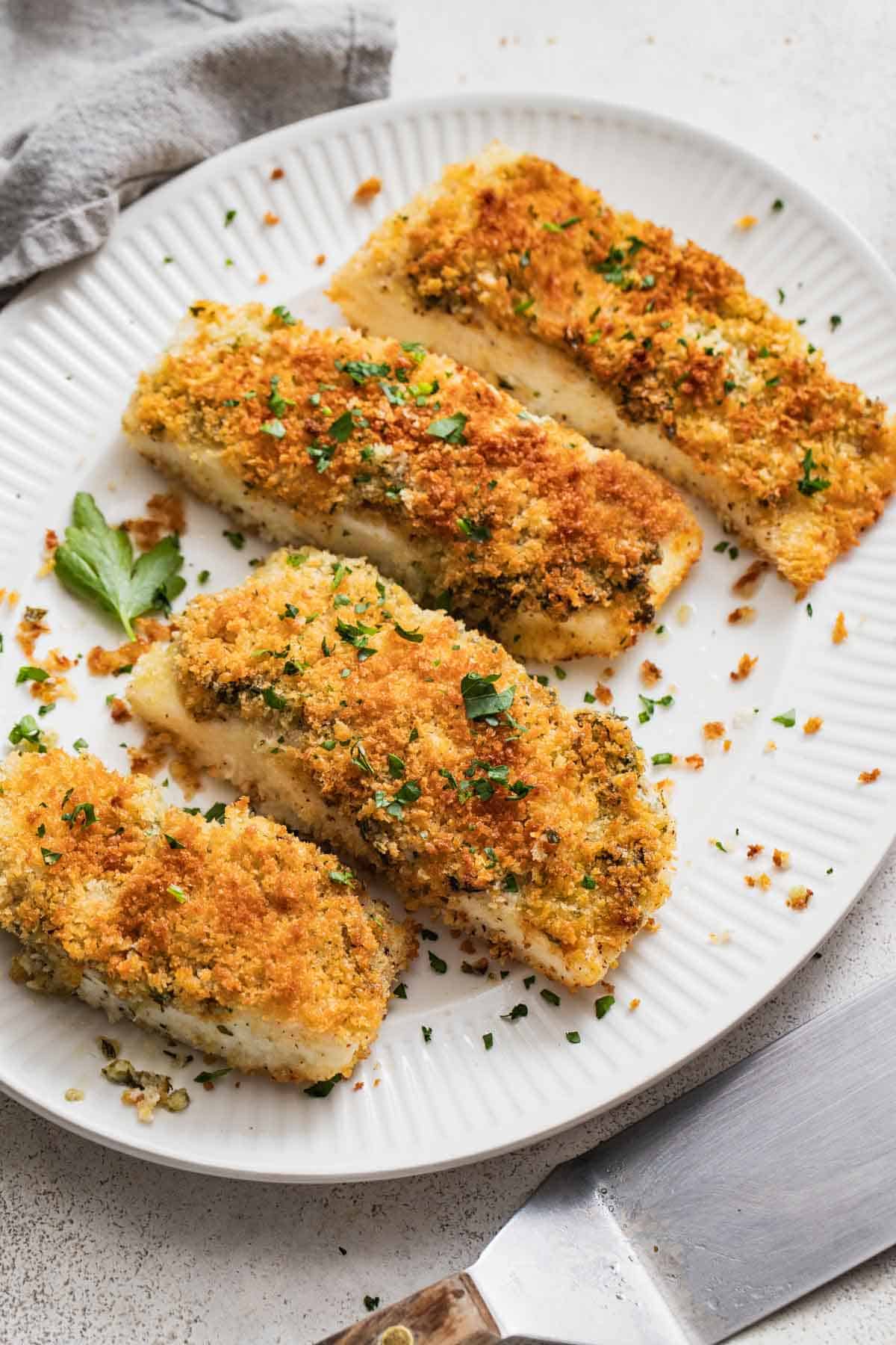 Four panko crusted halibut fillets on a white plate with parsley.