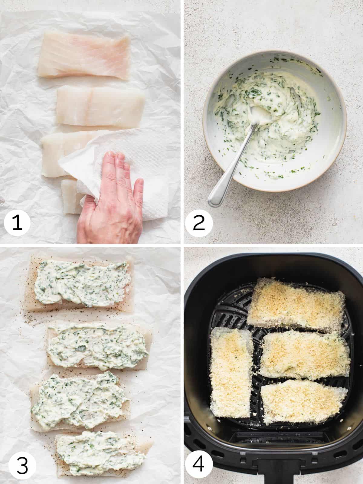 Process for how to dry halibut, top with panko, and cook it in the air fryer.