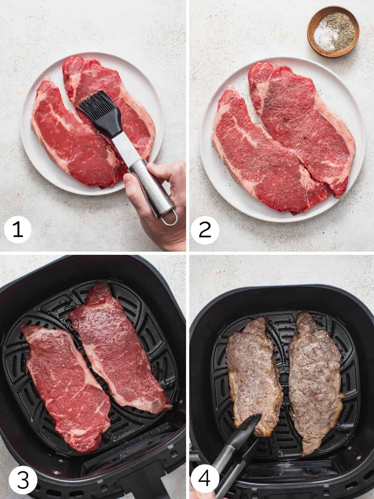 Four process photos showing how to cook a NY strip steak in the air fryer.