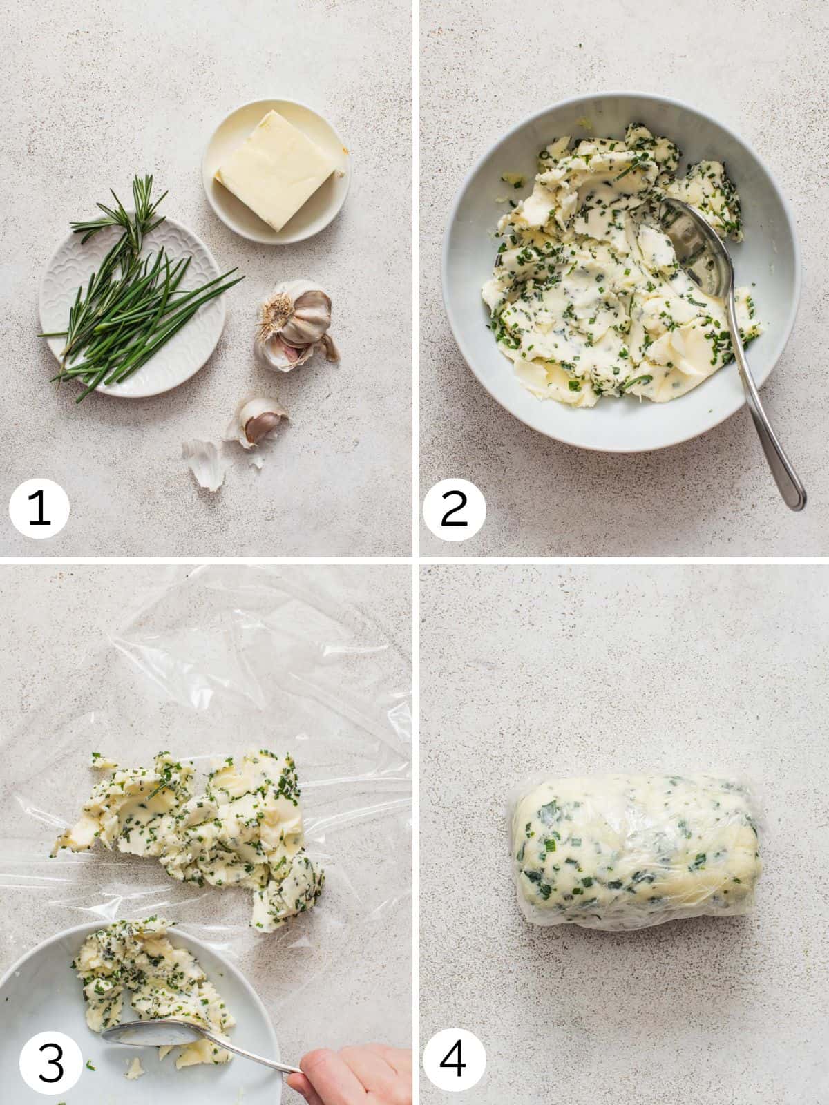 Four process shots showing how to make a chive garlic compound butter and roll it into a log for storage.