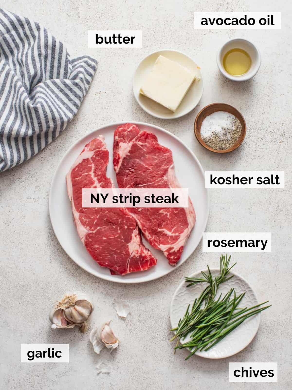 Ingredients for air fryer New York strip steak with chive compound butter.