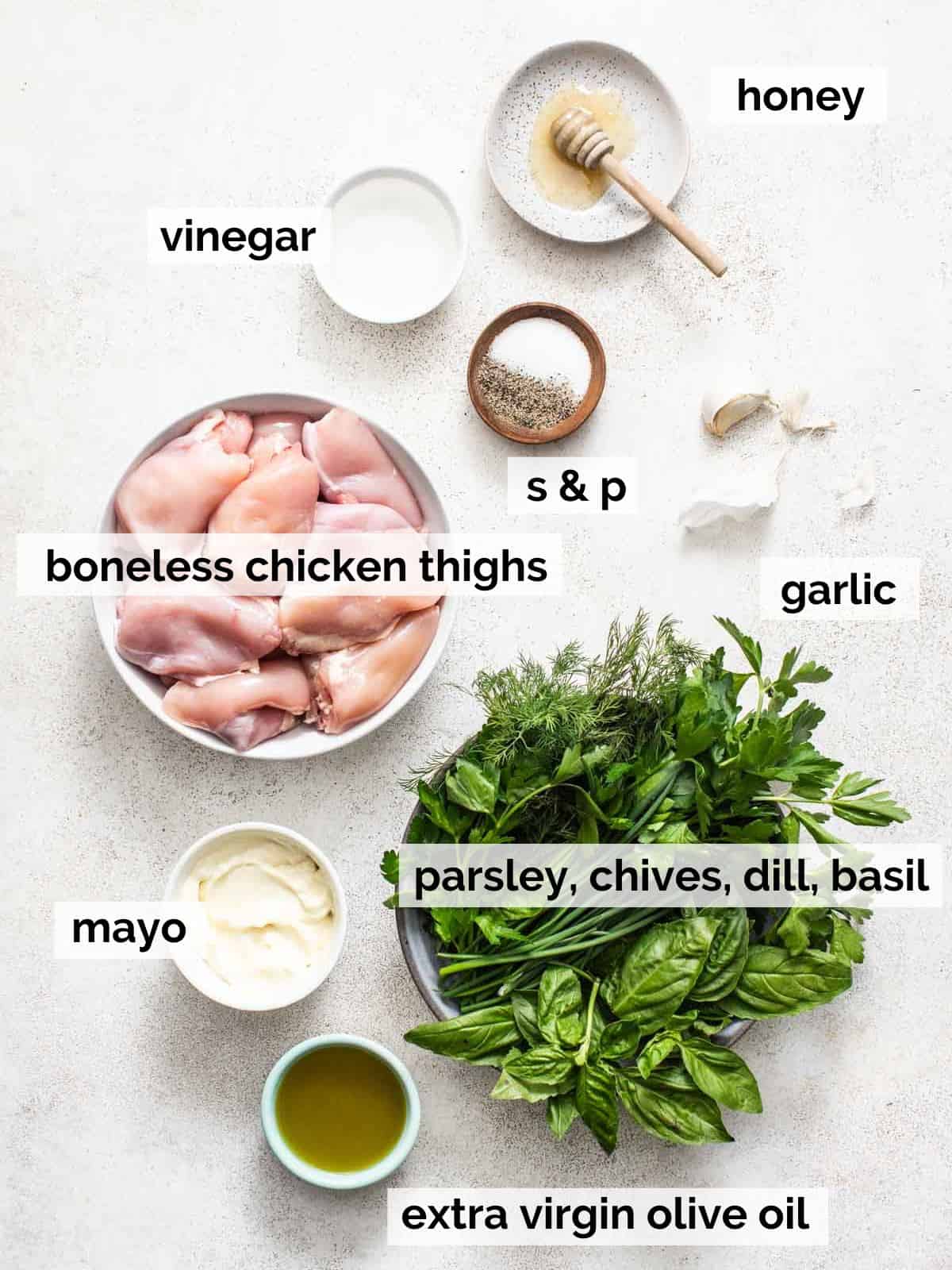 Ingredients for boneless chicken thighs with green goddess sauce.