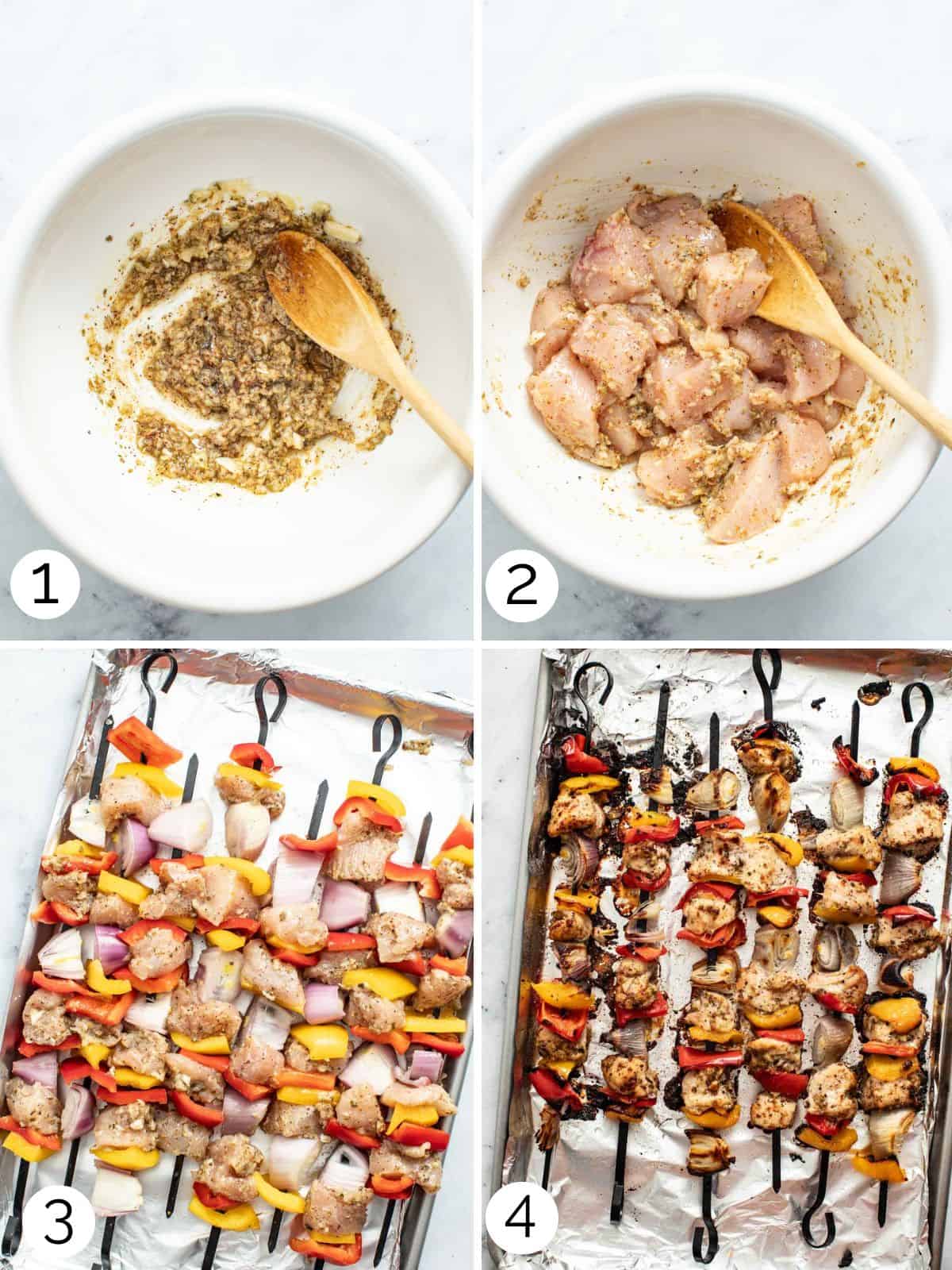 Process photos for how to making chicken kabobs in the oven, from marinating the meat to threading the skewers and baking.