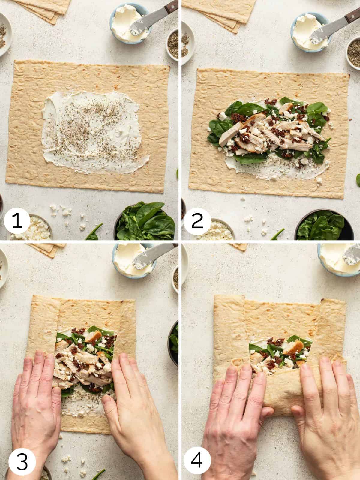 Process photos showing how to roll a chicken wrap.