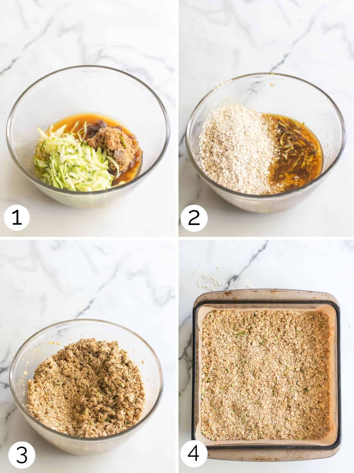 Process shots of how to combine zucchini and sugar, mix, and press into bars.
