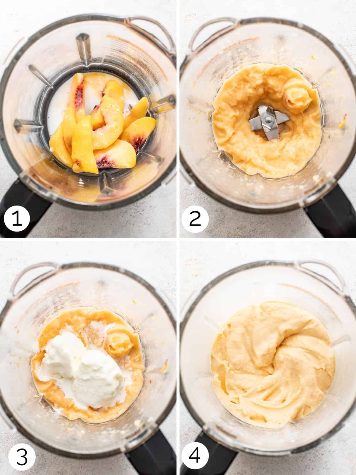 4 step process of making a peach milkshake in a blender.