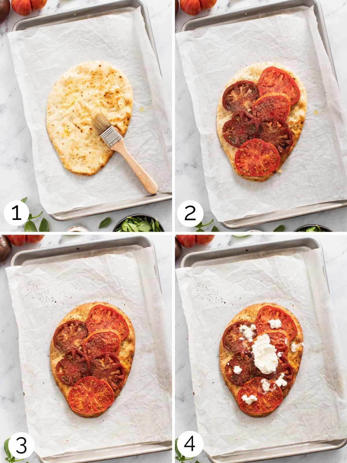 Process photos of making a naan bread pizza, layering the tomatoes, and adding the cheese on top.