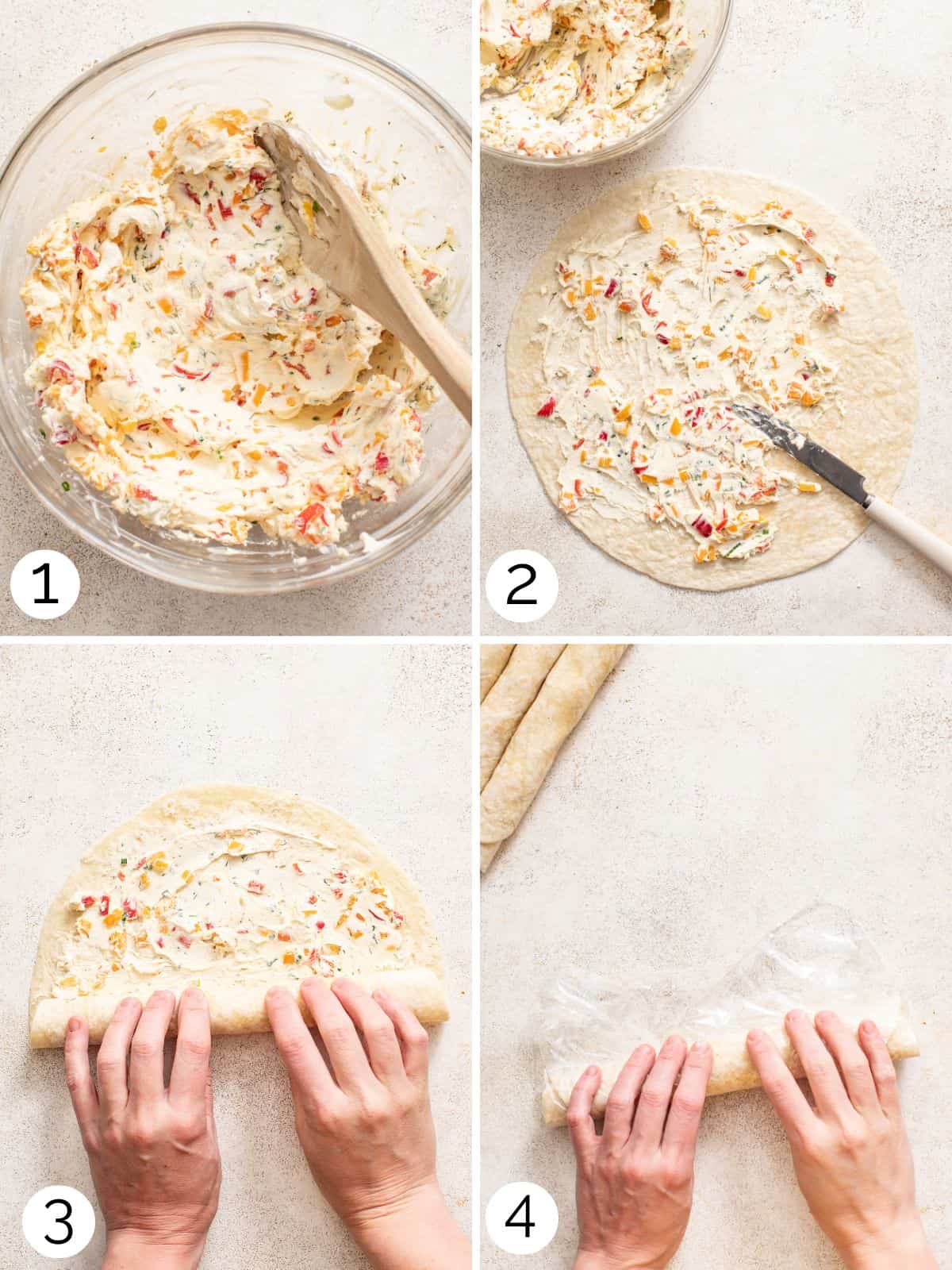 Process photos showing how to mix cream cheese with spices and peppers, then roll into tortillas.