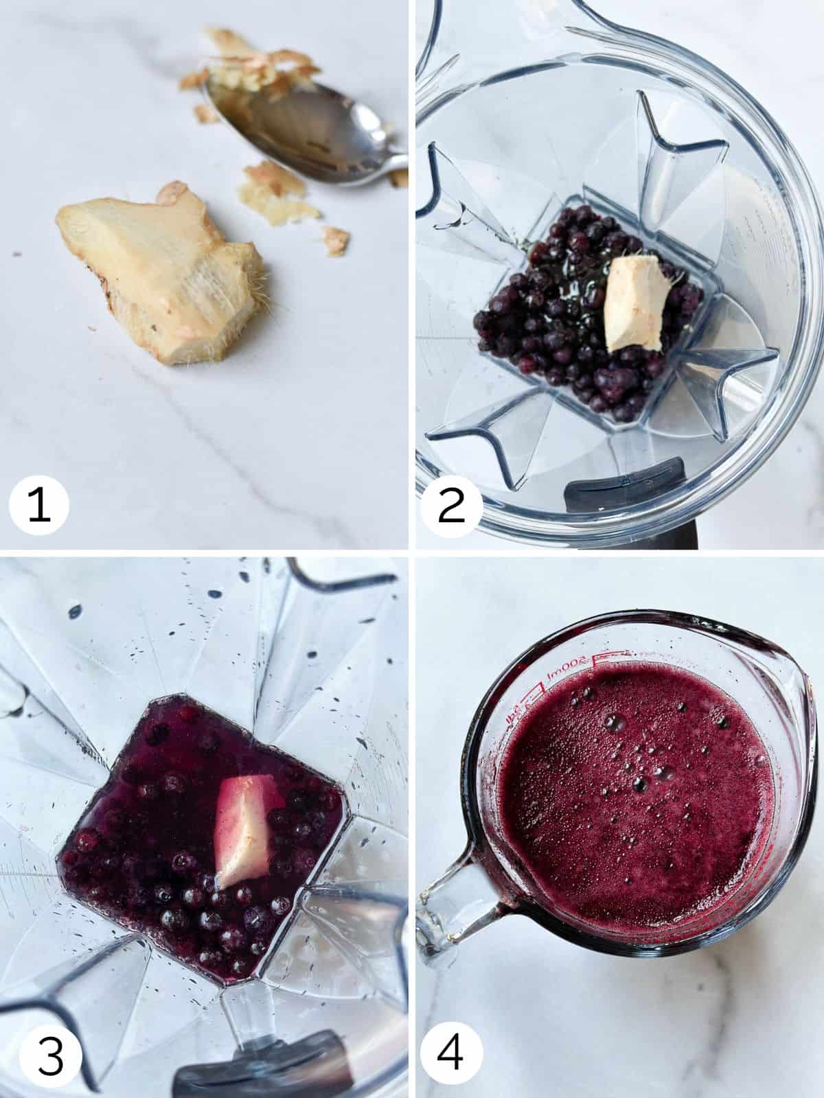 Process how to make ginger shots with blueberries in a blender.