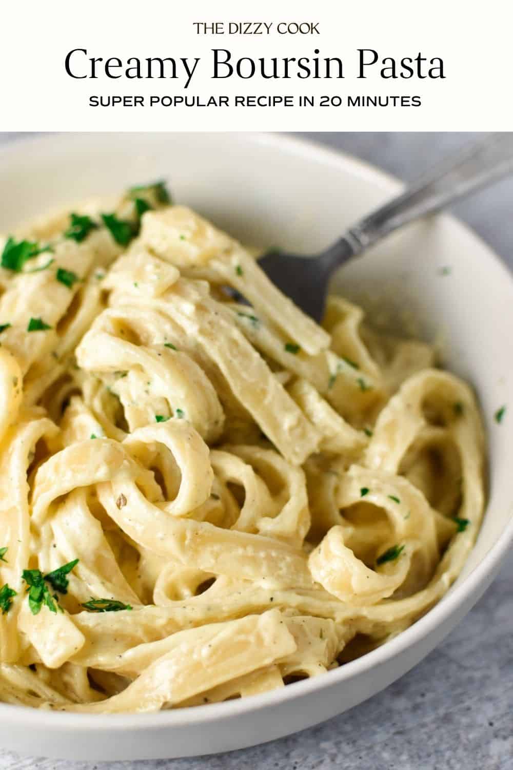 Creamy boursin cheese pasta in a bowl.