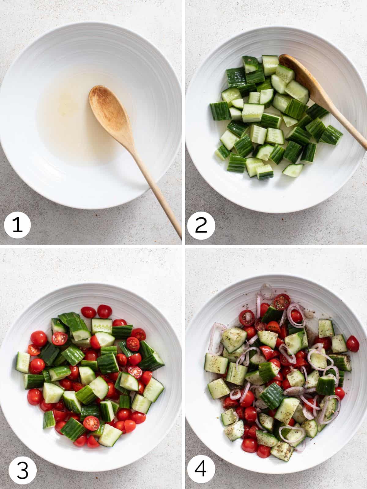 Process photos showing how to make a chopped cucumber salad with tomatoes and shallots.