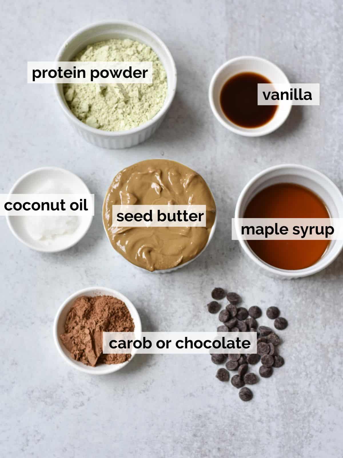 Ingredients for protein brownies on a white table.