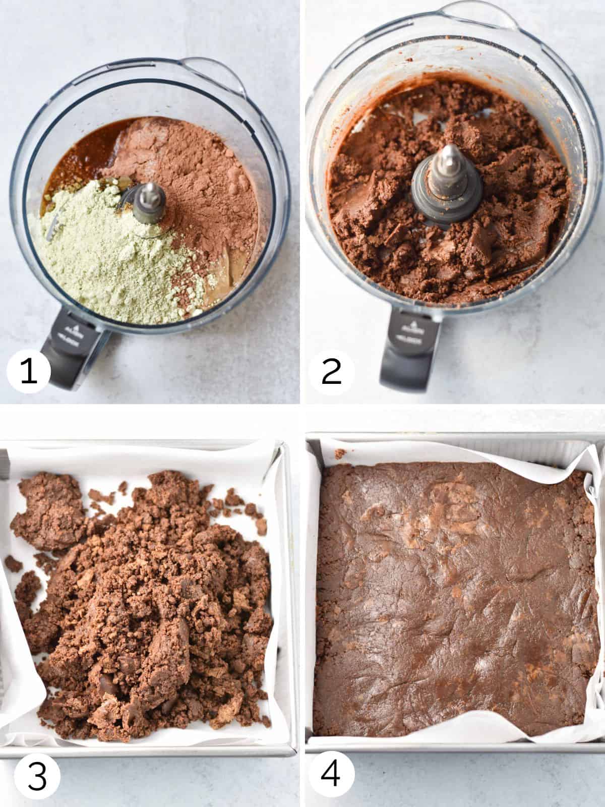 Making the brownie mixture in a food processor and putting it into the pan.