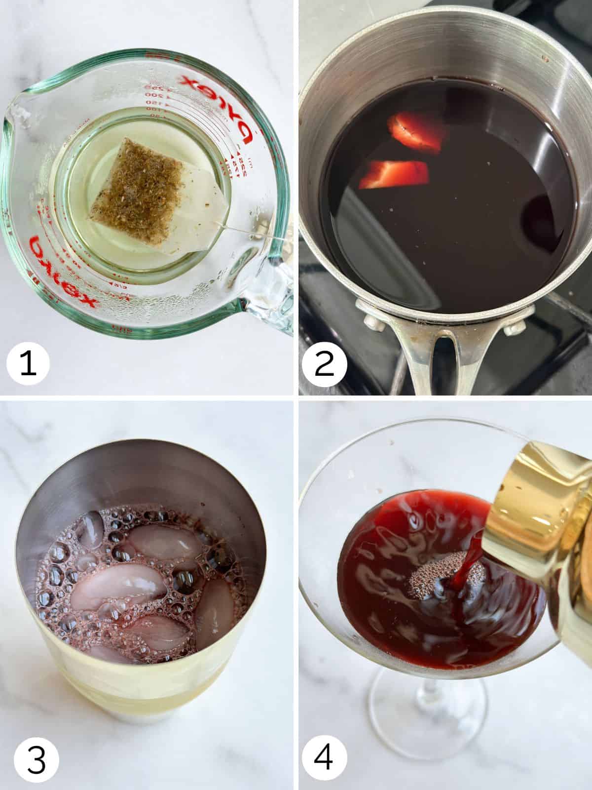 Process for making a tart cherry mocktail by steeping chamomile tea and adding in ginger and ice.