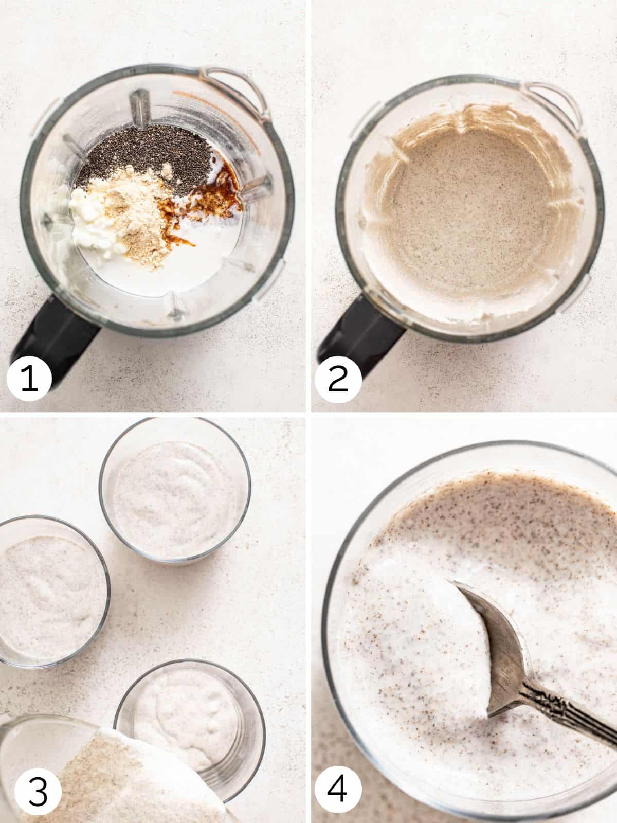 Process photos showing how to blend chia pudding in a blender and store in containers.