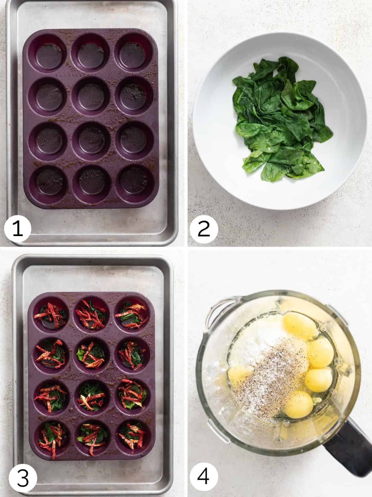 Process photos for how to make an egg bite mixture with spinach.