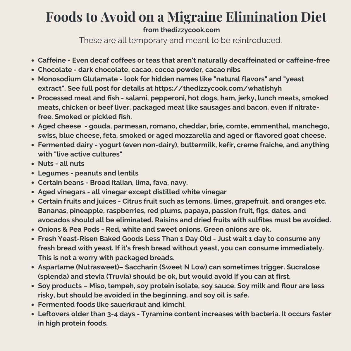 A list of foods to avoid on a migraine diet.