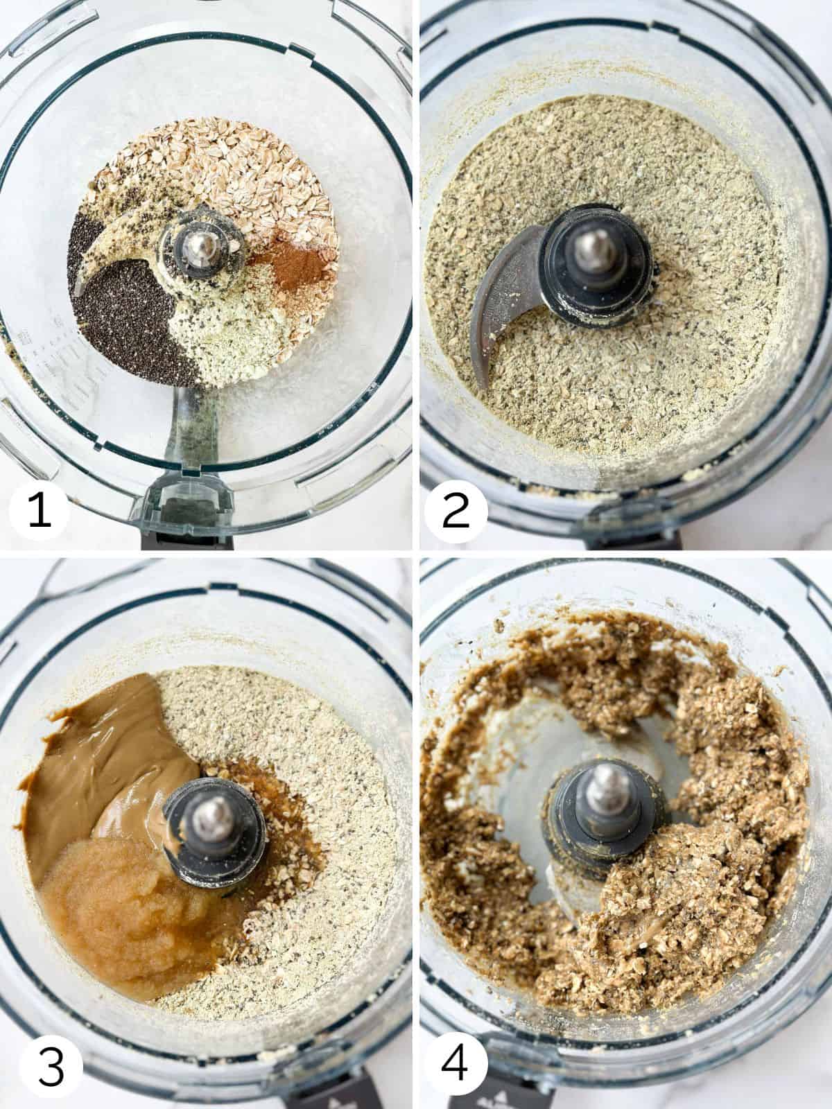 Step by step process of grinding the oats and dry ingredients in a food processor and adding applesauce and sunbutter to make protein balls.