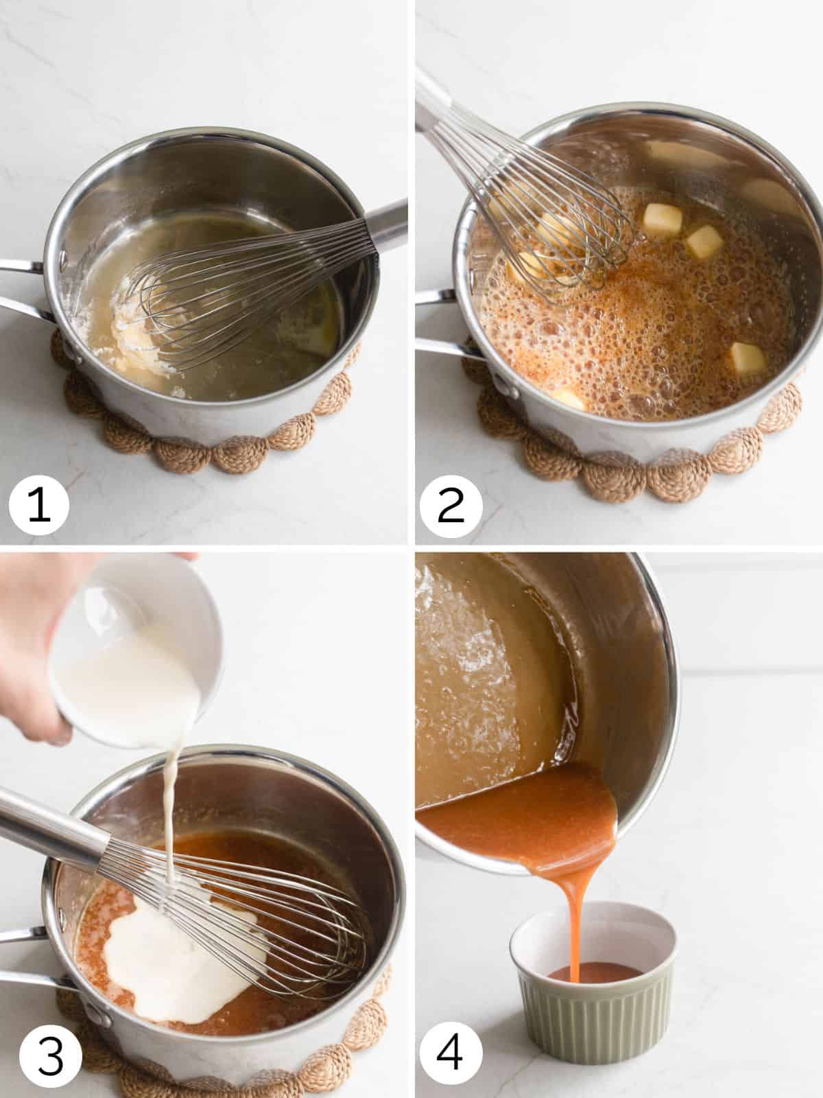 Step process of making homemade caramel by melting the sugar, adding butter and cream, then pouring it into a small white bowl. 