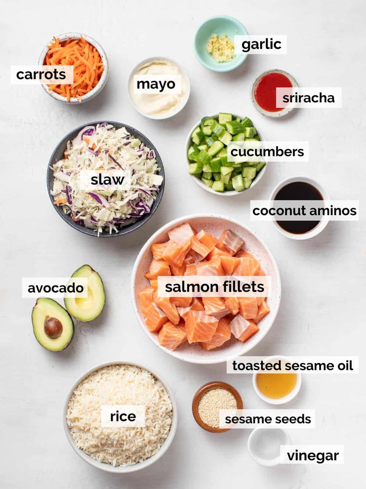 Ingredients for salmon rice bowls on a white background.