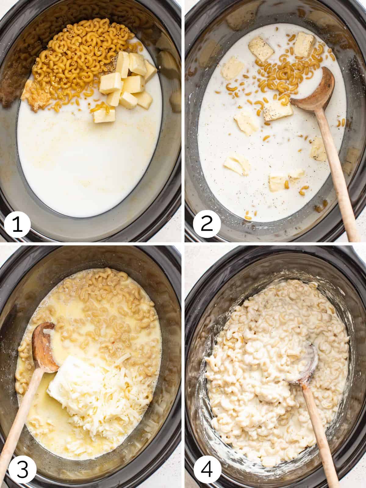 Process photos showing adding the ingredients to a slow cooker, stirring in the milk, then cooking and stirring in the cheesy till creamy.