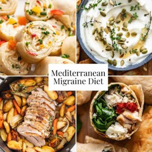 A collage of Mediterranean Diet Recipes from whipped ricotta dip to roasted vegetables and a lavash wrap.