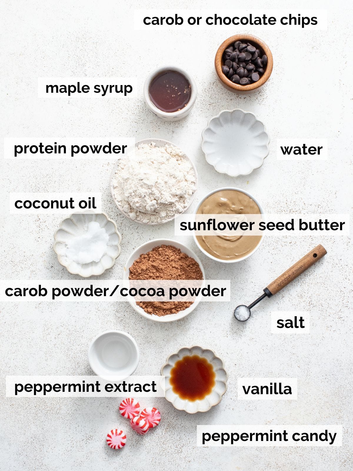 Ingredients for peppermint brownie bites.