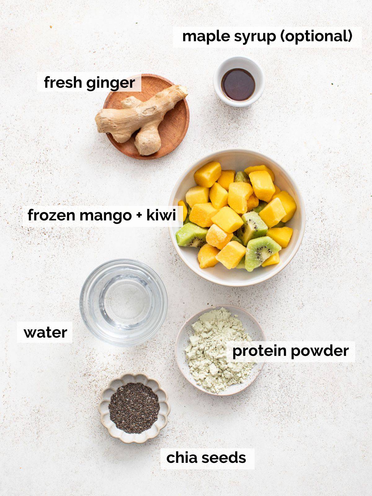 Ginger smoothie ingredients on a white background.