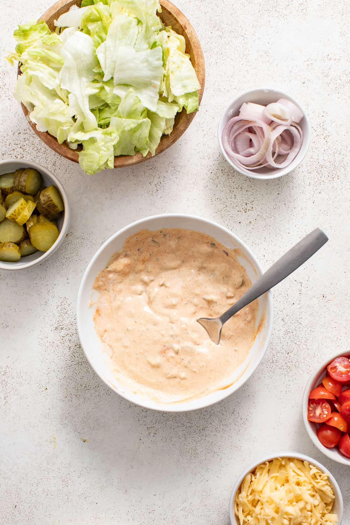 Mayonnaise, ketchup, and spices mixed together for a homemade burger sauce.