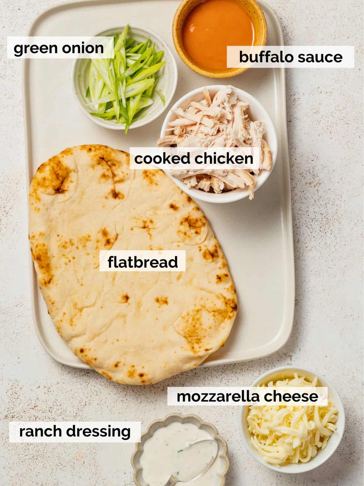 Ingredients for buffalo chicken flatbread.