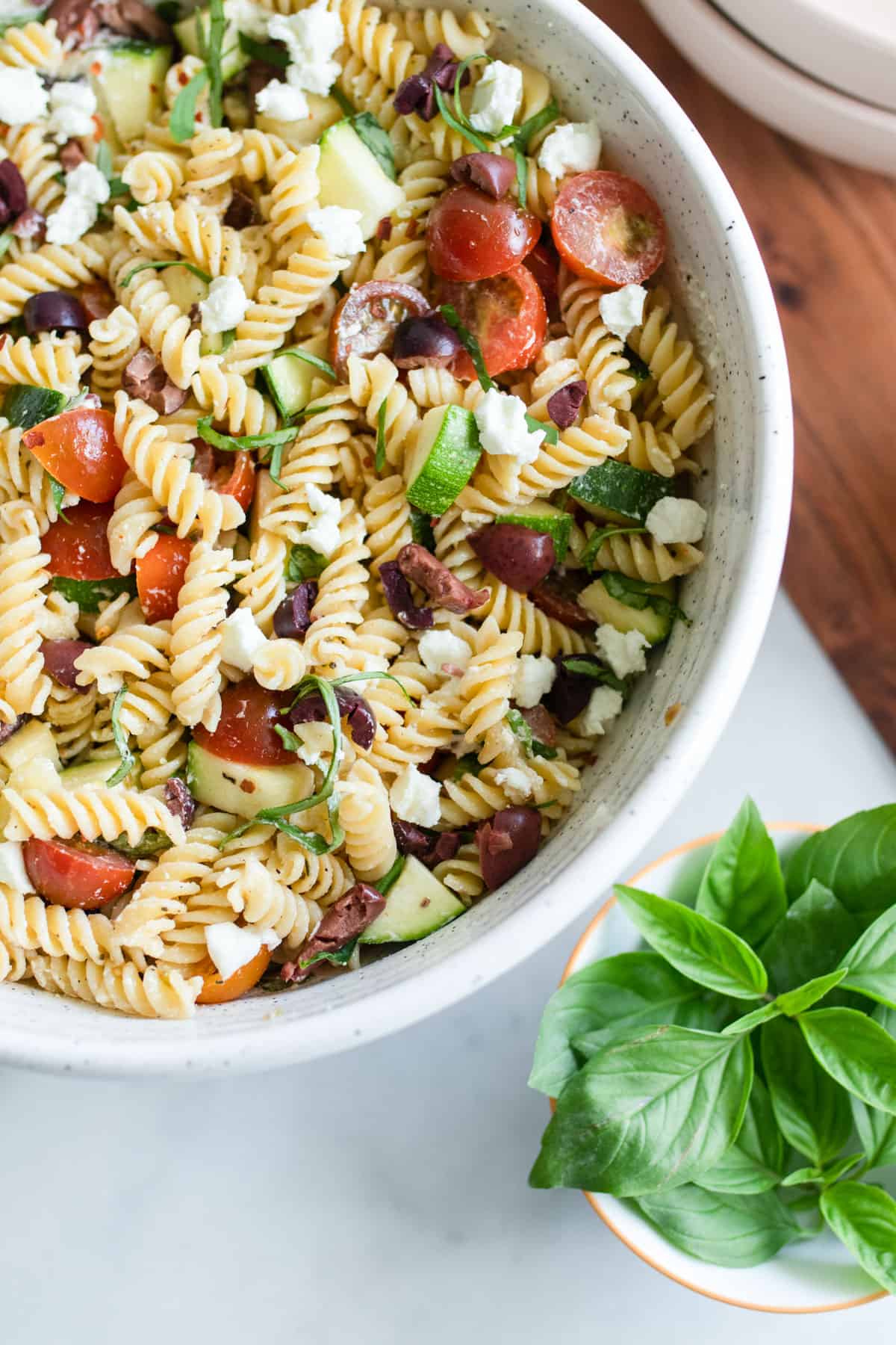 A pasta salad topped with the homemade dressing.