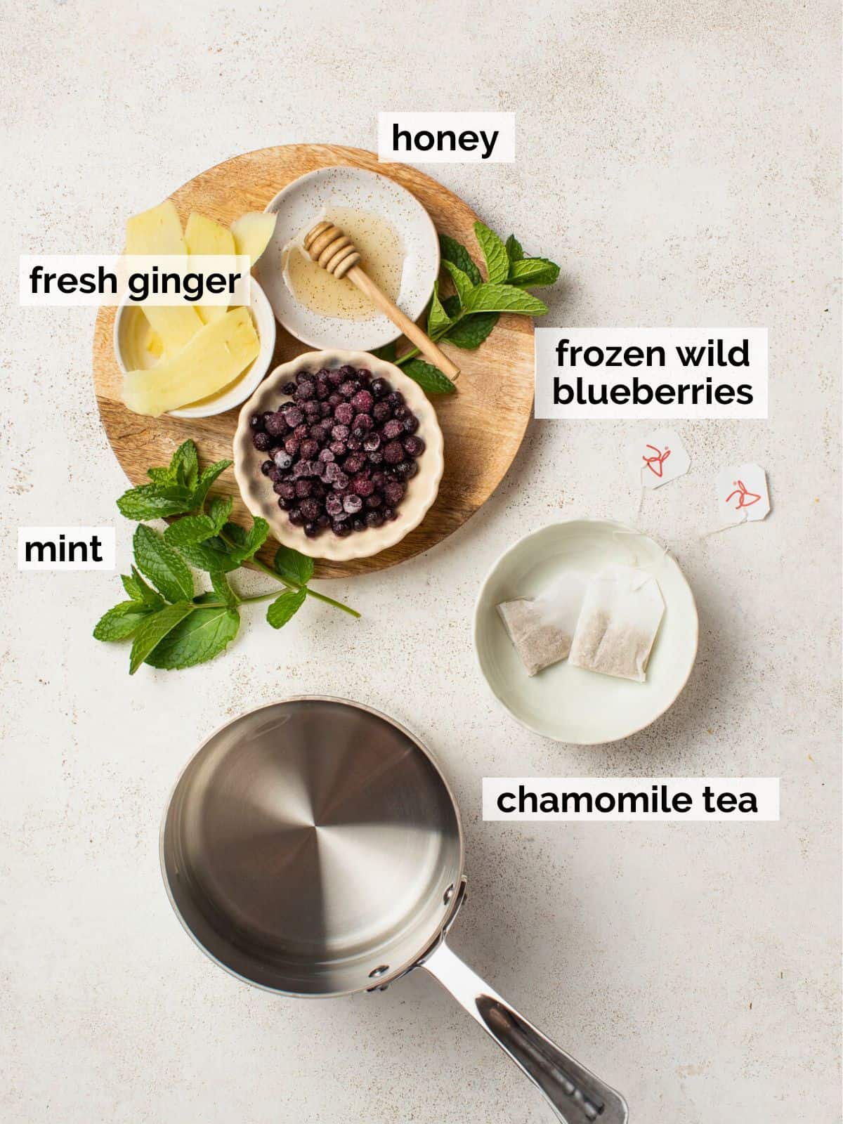 Ingredients for iced tea including blueberries, ginger, mint, and tea packets on a white background.