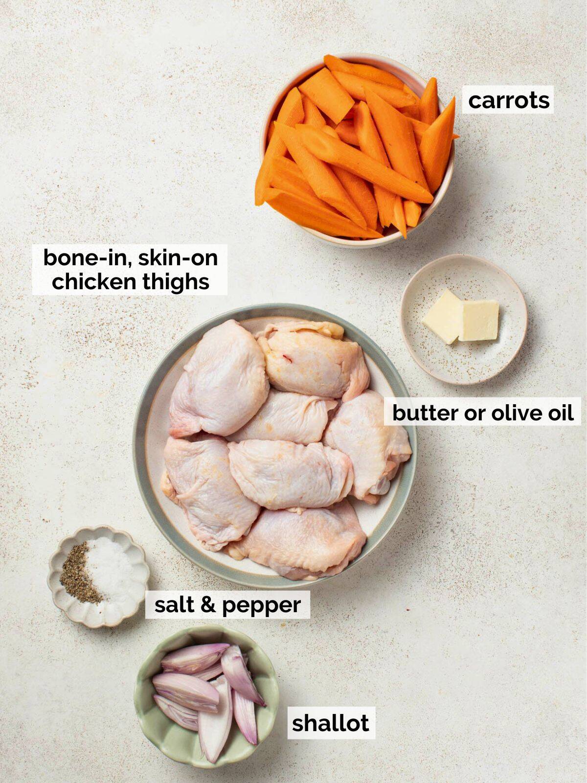 Ingredients for chicken thighs and carrots.