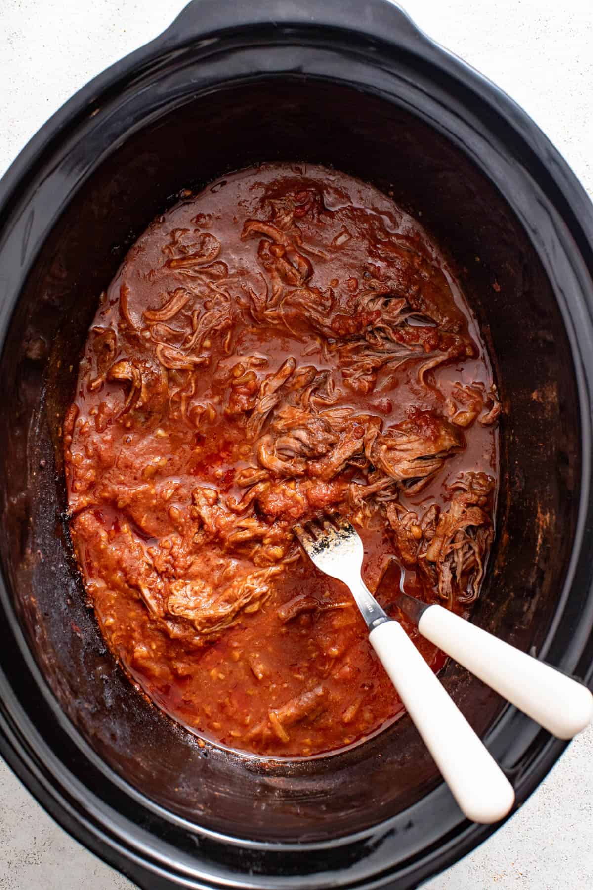 Shredding flank steak with two forks after slow cooking in tomato sauce. 