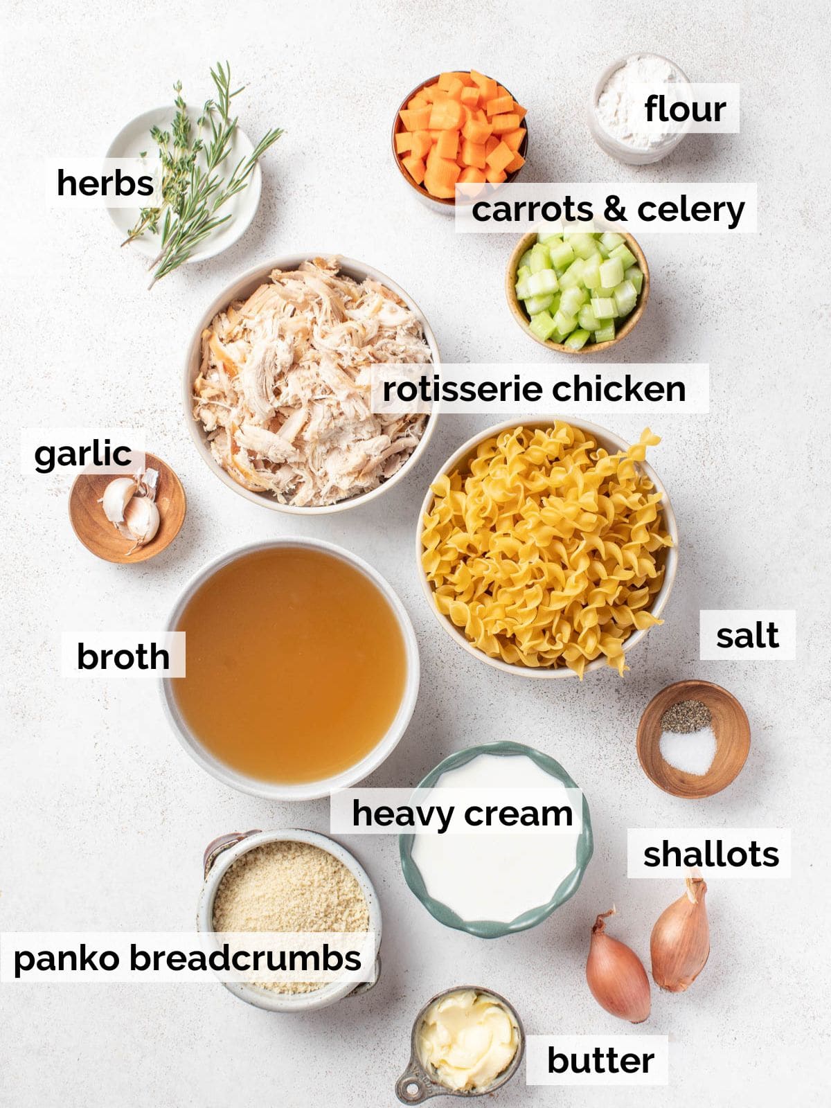 Ingredients for chicken pot pie noodles on a white backrgound.