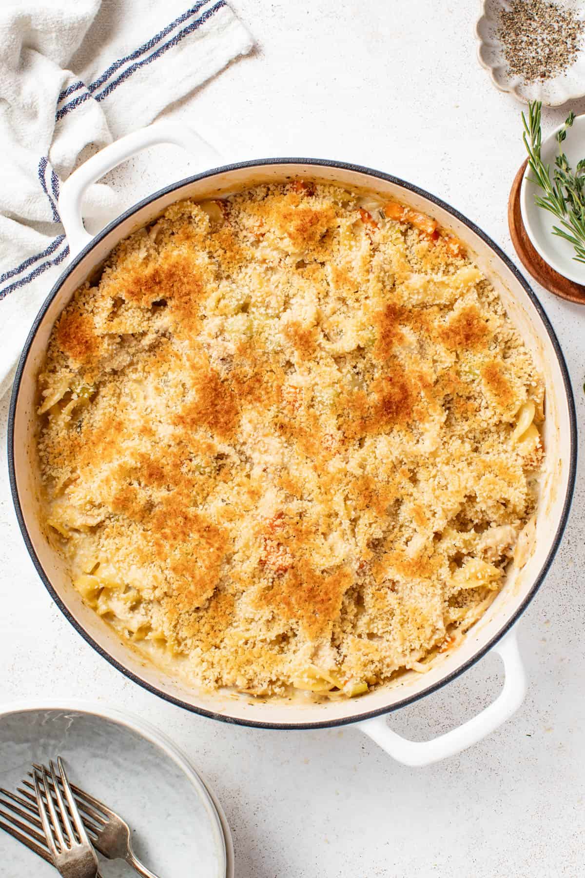 Skillet chicken pot pie with noodles after browning the panko on top in the oven.