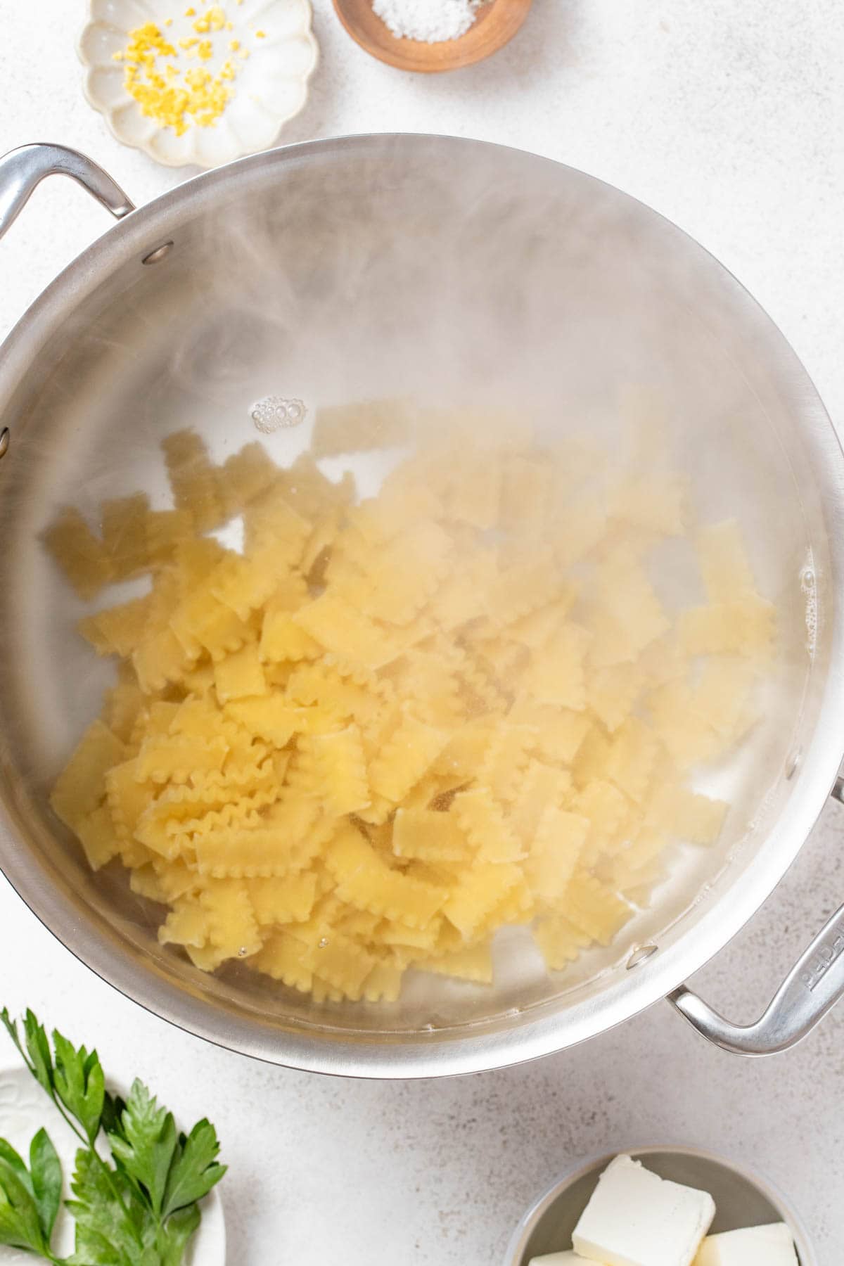 Boiling pasta in a large pot.