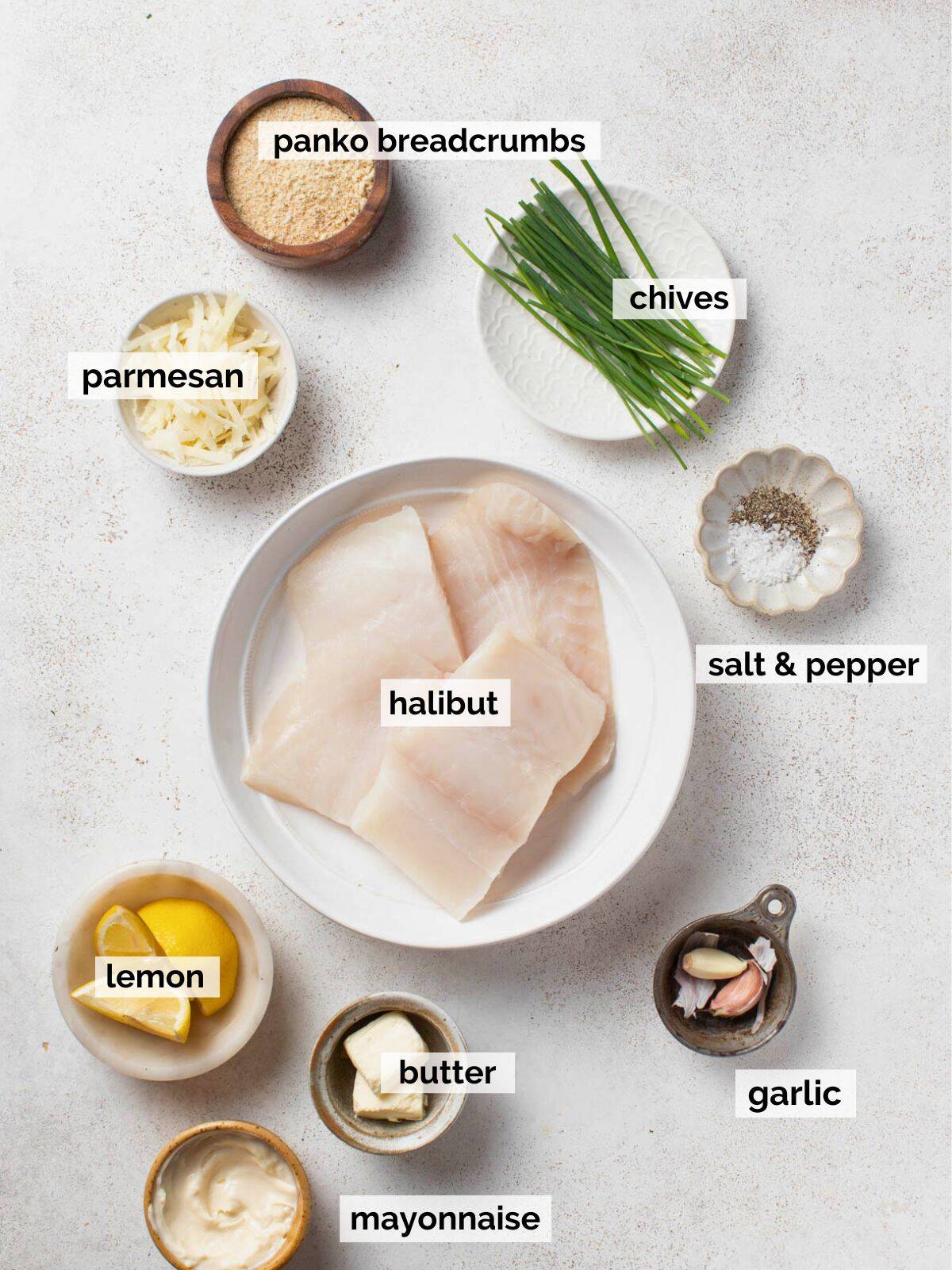 Ingredients for baked halibut with mayonnaise.