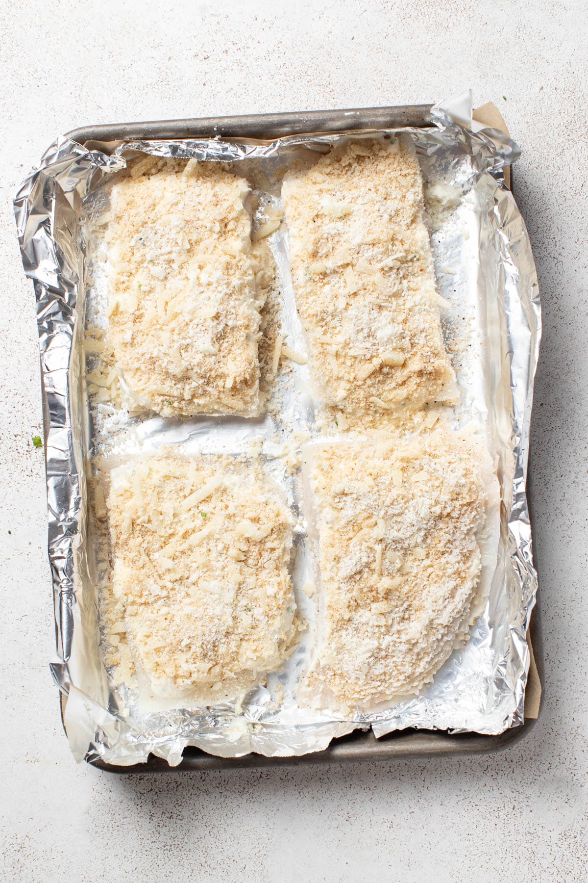 Applying the panko to the top of the halibut fillets.