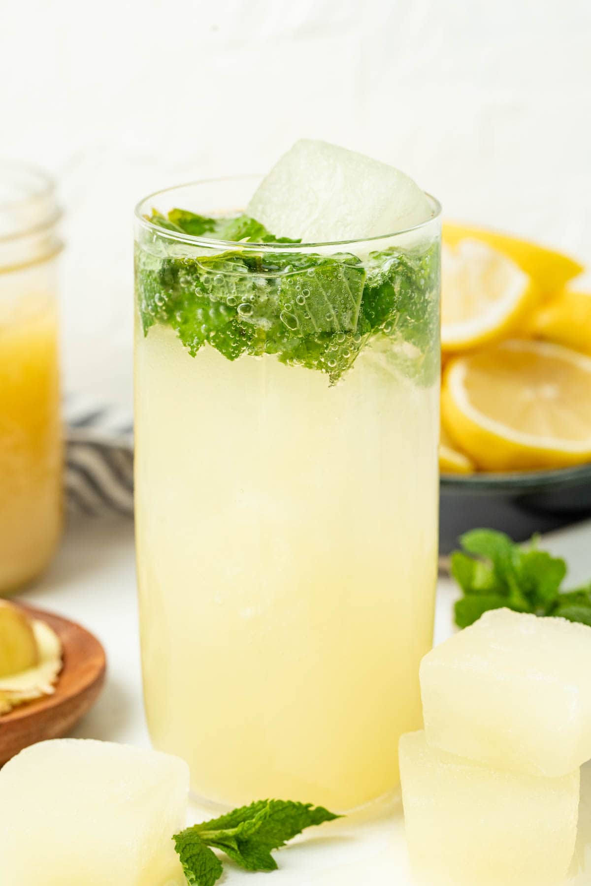 A glass with ginger beer, lemon ice cubes, and fresh mint on top with sparkling water. 