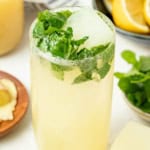 A ginger beer mocktail in a tall glass with fresh mint and lemon ice cubes.