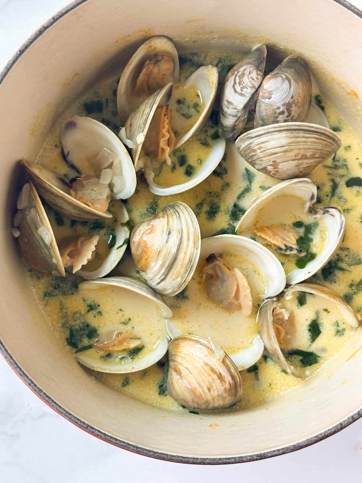Clams in a dutch oven with a garlic butter cream sauce and herbs.