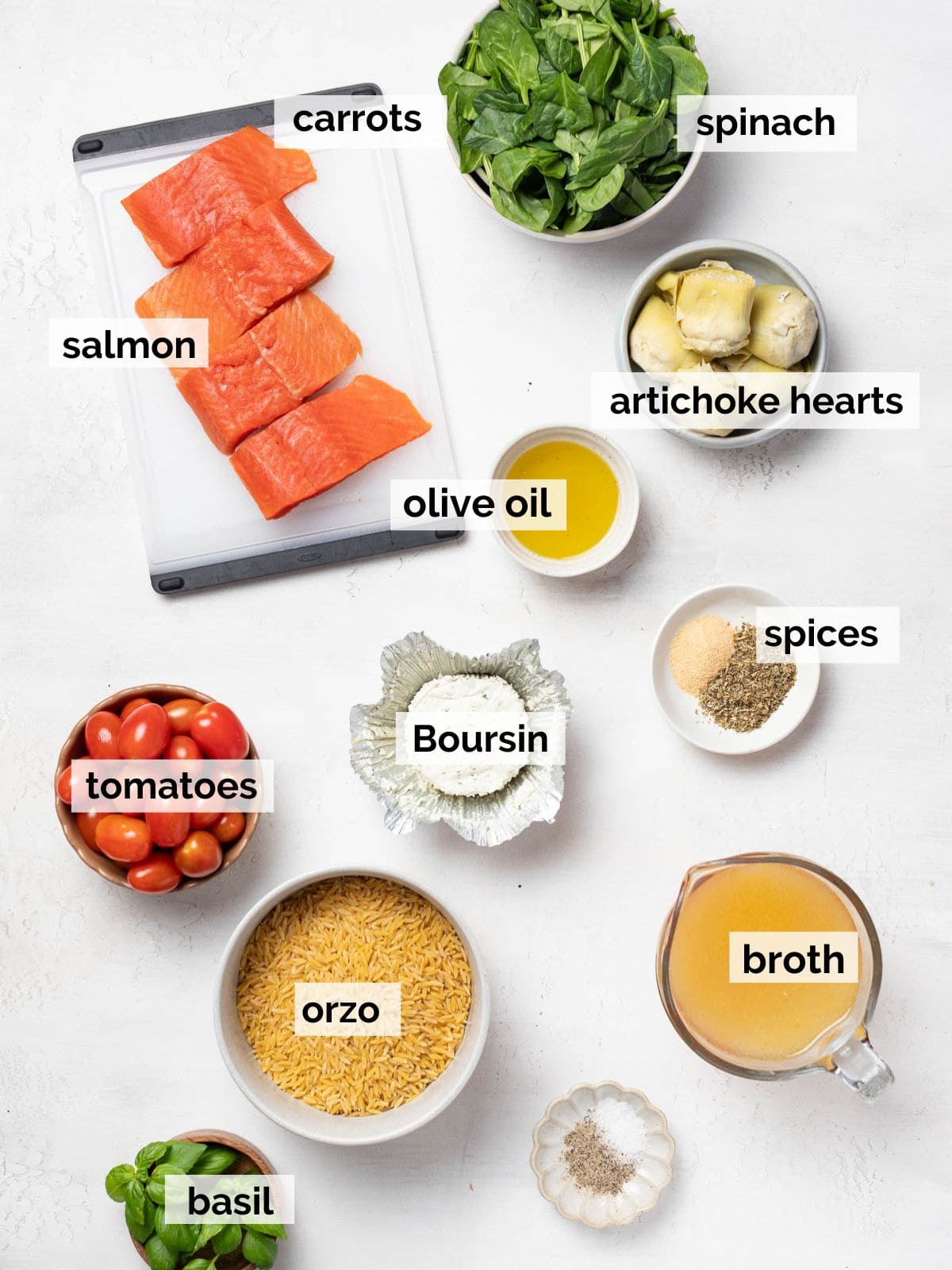 Ingredients for Mediterranean salmon and orzo.