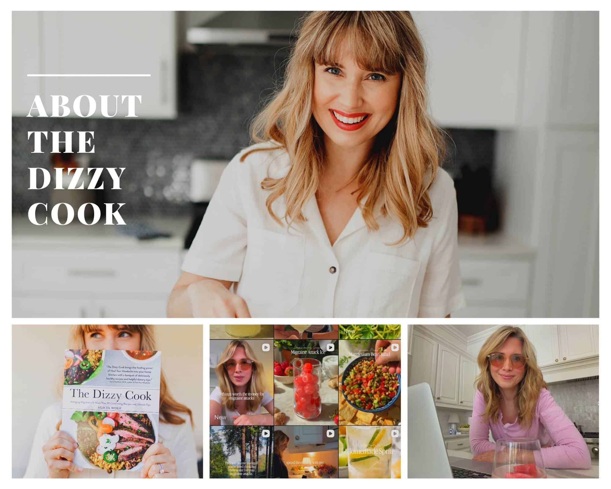 Photos of Alicia Wolf cooking and The Dizzy Cook cookbook and instagram.
