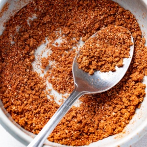 A spoon scooping into a bowl with a dry rub for ribs.