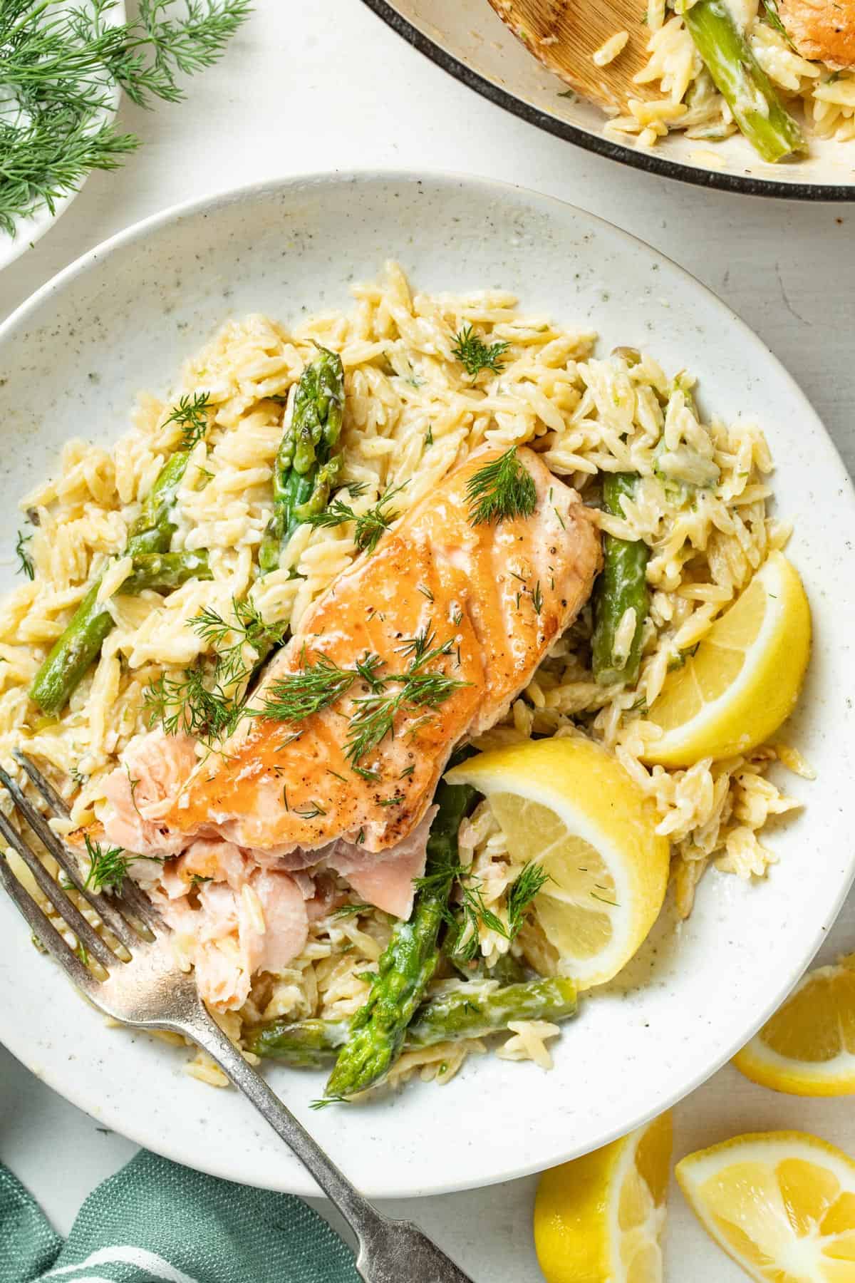 Seared salmon on top of a plate of orzo with asparagus.