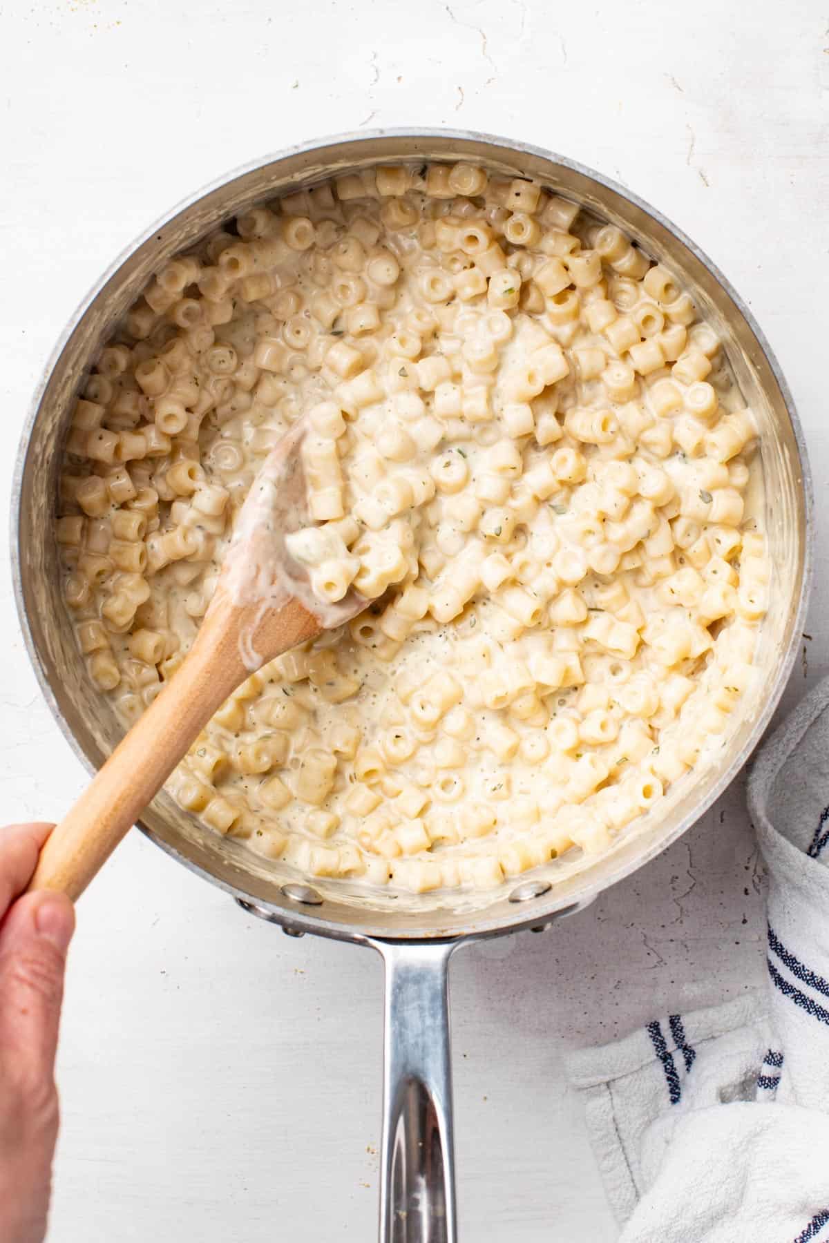 A creamy pasta in a saucepan.