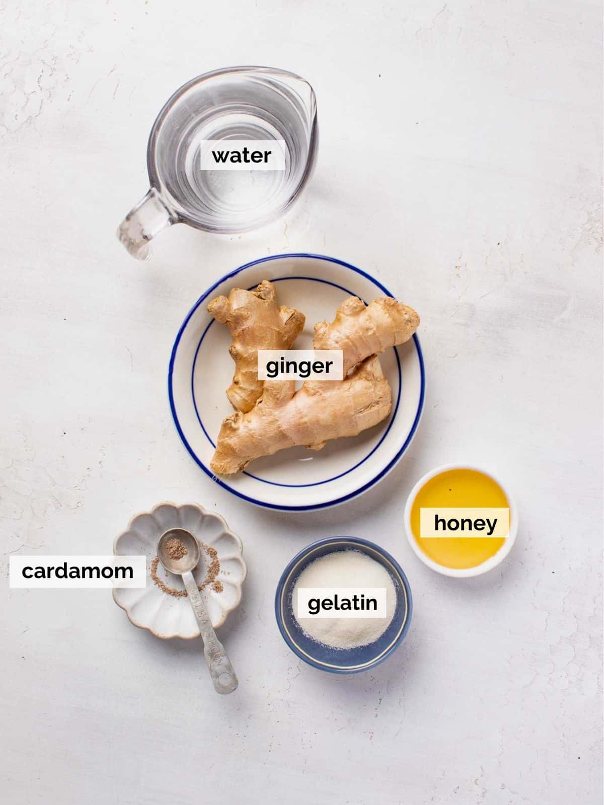 Ingredients for ginger gummies on a white background.